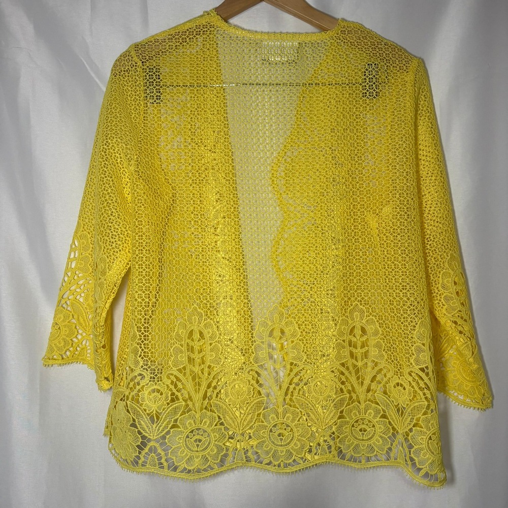 Alfred Dunner Floral Guipure Lace Open Front Cardigan Yellow 3/4 Sleeve - Picture 2 of 7